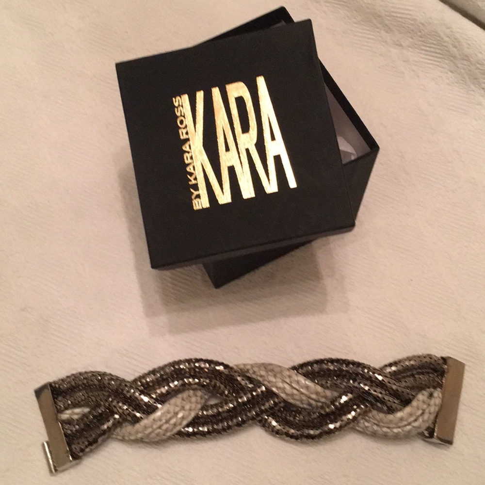 Snake leather and gunmetal braided bracelet